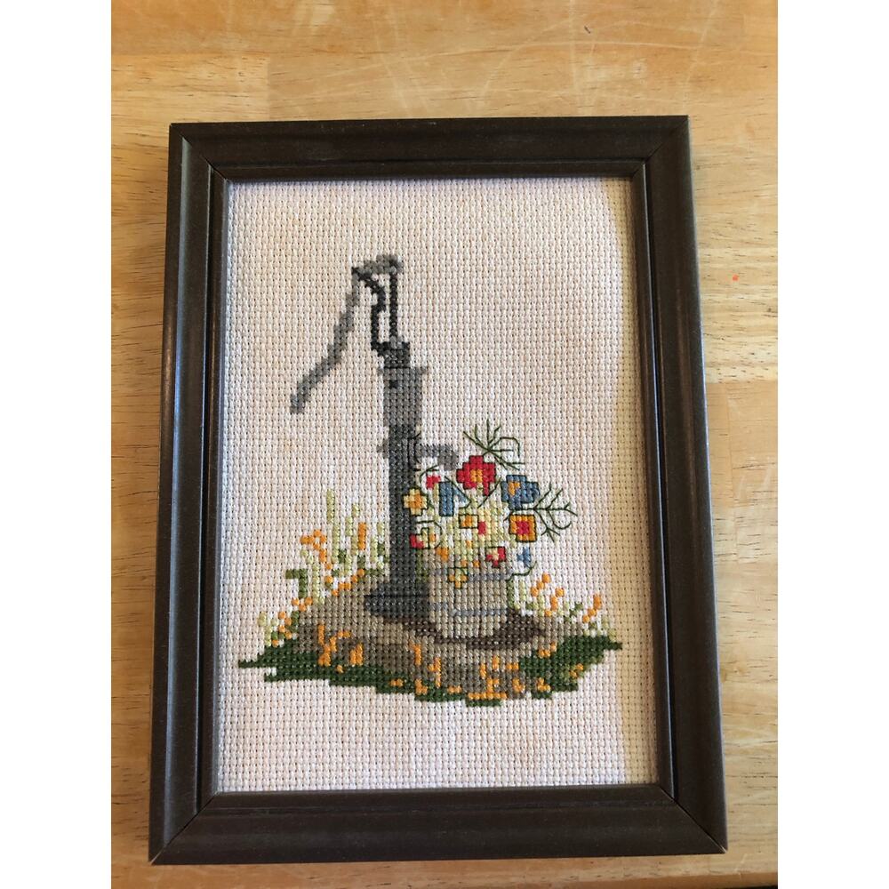 Vintage Needlepoint Rustic Water Pump with Flowers 5.5x7.5x1